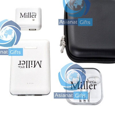 Faux Leather Power Bank, Wall Charger, and High Quality Earphone Gift Set, 5000mAh